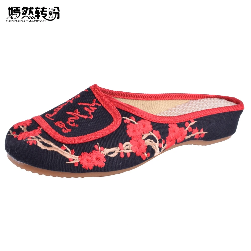 

New Arrive Embroidery Slippers Embroidered Chinese Characters Word Women Soft Cloth Canvas Leisure Sandals Plus Size 41