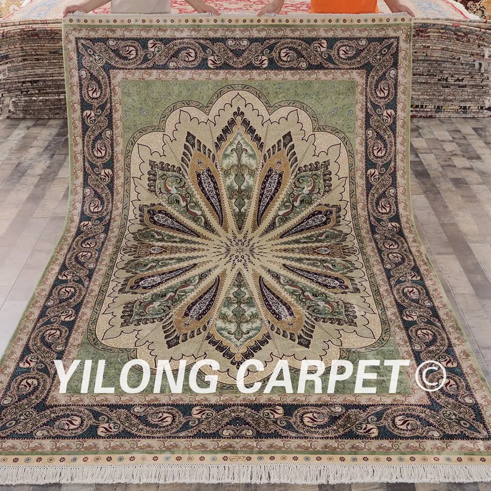 Yilong 6'x9' Handmade Persian Carpets Exquisite Oriental Iran Green