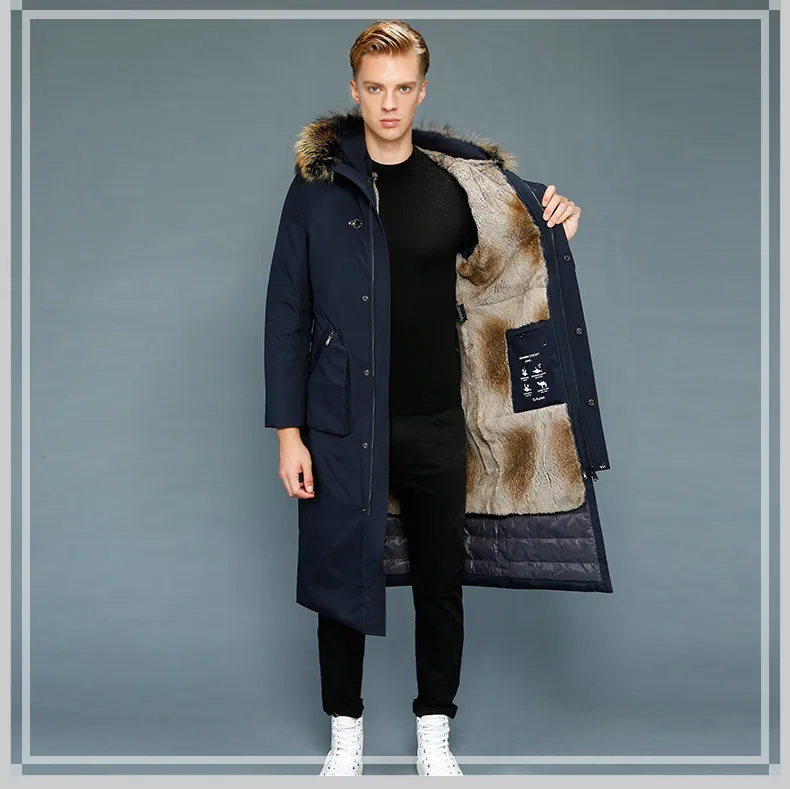 Модное мужское длинное пальто, зимняя теплая куртка с капюшоном, воротник из меха енота, подкладка из кроличьего меха, роскошное меховое