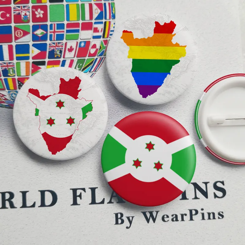 

Burundi Flag Map Tin Button Pins LGBT Gay Rainbow Pride Tin Button Badges