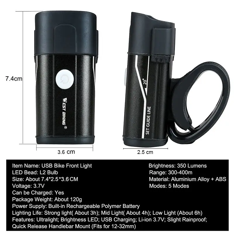 Фсветильник светильник велосипедный передний 350 лм 5 режимов|rechargeable cycle light|cycling