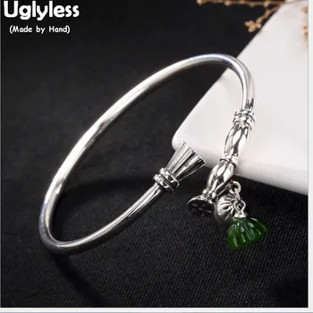 

Uglyless 100% Real Solid 925 Sterling Silver Asian Ethnic Lotus Roots Bangles for Women Jade Lotus Charms Bracelets Fine Jewelry