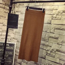 Осенне-зимние трикотажные женские юбки с высокой талией, с разрезом, тонкая, Faldas Mujer, Однотонная юбка, Femme Saia Jupe Longue Femme