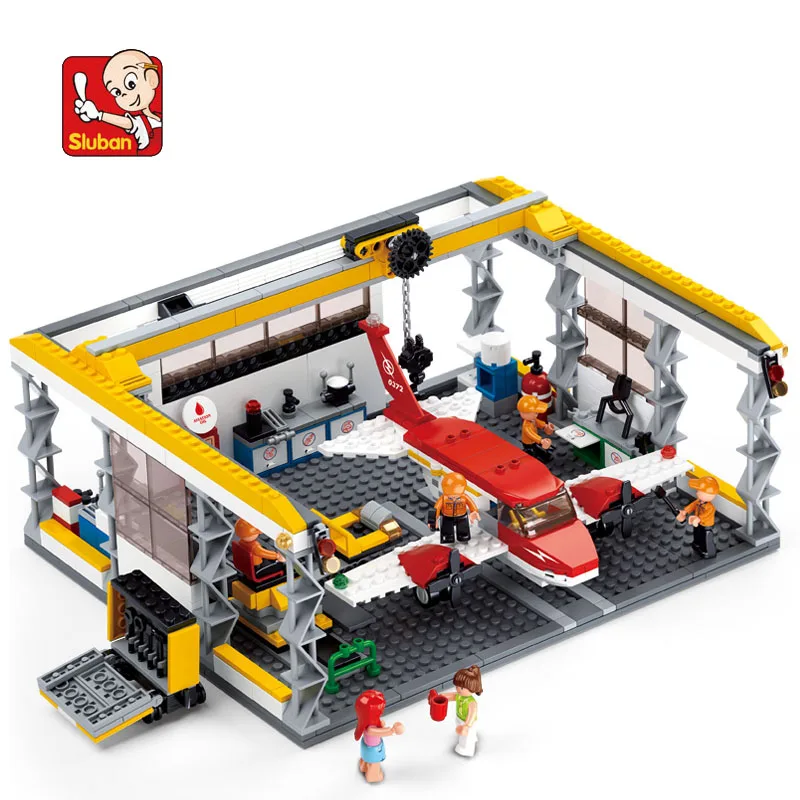 

596Pcs Aviation City Aircraft Repair Shop Model Building Block Toys Sluban 0372 Educational Gift For Children