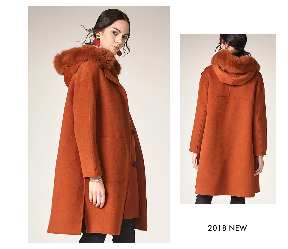 ESCALIER женское повседневное пальто из шерсти новое пальто с капюшоном и меховым воротником из лисы длинное стильное шерстяное пальто с большим карманом