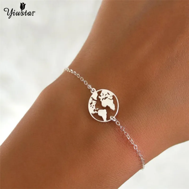 yiustar Gold World Map Stainless Steel Bracelets For Women Wave Bracelets Pendant Beach Jewelry Earth Map Christmas Gifts - Окраска металла: bracelet silver