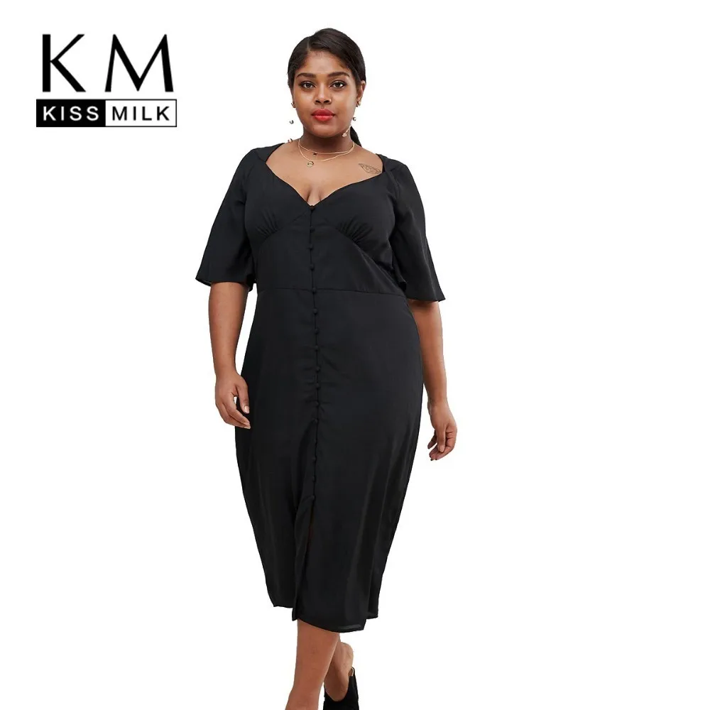 

Kissmilk Plus Size Women Dress Simple Commuter Button Placket V-neck Wide-sleeved Black Large Size Long Dress