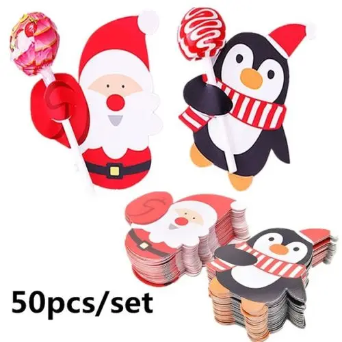 

50PCS Xmas Kids Santa Claus Penguin Lollipop Christmas Paper Decoration Cards Candy Xmas Party Decor