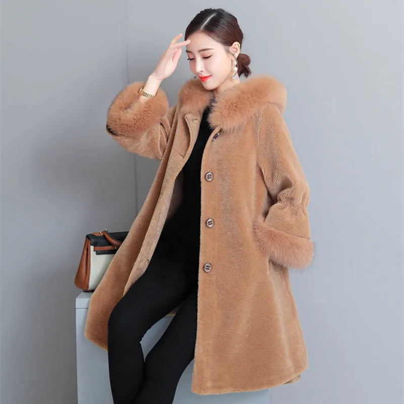 HANZANGL 2018 Winter Wool Coat Women's Faux Fur Coat Long Sleeve Fox Fur Hooded Warm Cashmere Jacket Overcoat Plus size S-3XL