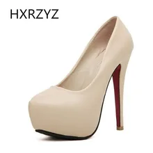 Brand HXRZYZ spring/autumn new fashion thin heel 14cm super High Heels with Platform sexy black beige Pumps Women leather Shoes