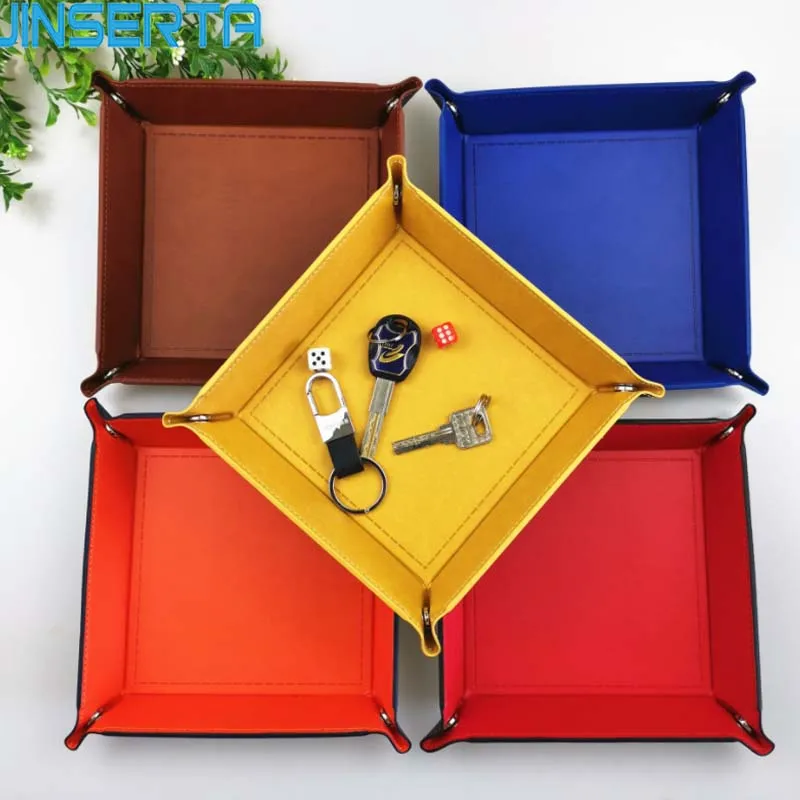 JINSERTA PU Leather Valet Trinket Folding Tray Dice Rolling Tray for Serving Collapsible Key Wallet Coin Storage Box