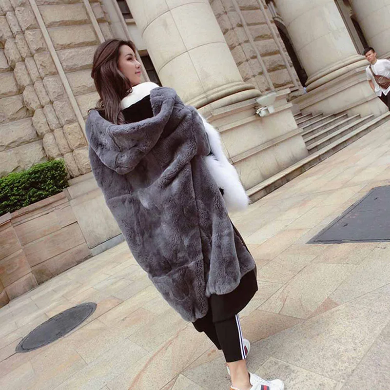 FURSARCAR Luxury Fashion Warm Loose Rex Rabbit Fur Coat Rex Rabbit Fur Coat With Hood Winter Natural Fur Jacke For Women