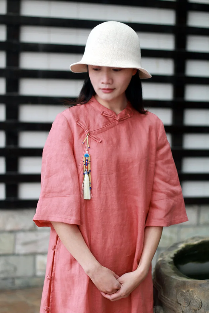 Весенне-летнее платье-Ципао с короткими рукавами и пуговицами в китайском стиле, платье с воротником-стойкой