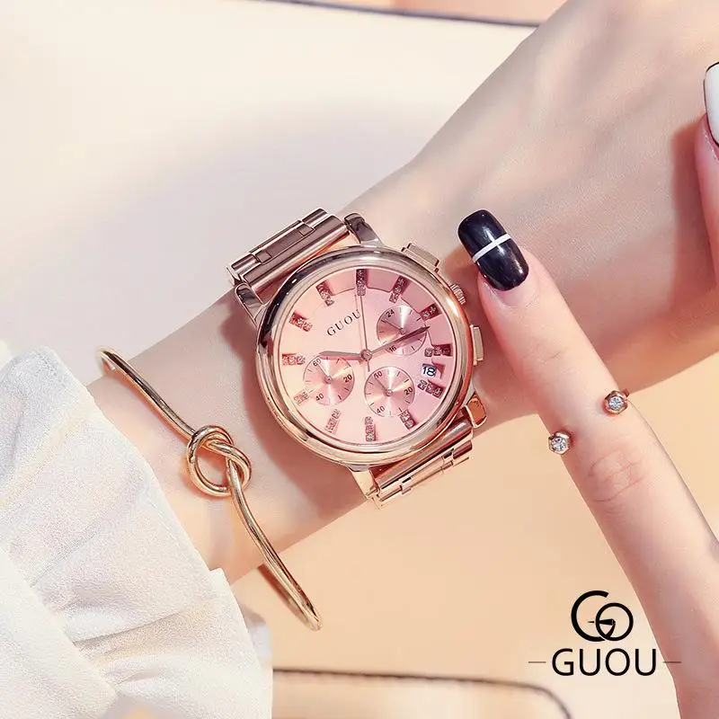 Новое поступление GUOU Кристальные полностью нержавеющая сталь 3 глаза розовое золото не выцветают наручные часы браслет для женщин девушек - Цвет: Pink