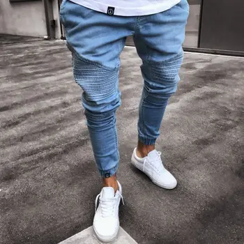 

2019 New Brand Fashion Pleated Pencil Jeans Blue Skinny Causal Biker Jeans for Male Slim Fit Denim Pants Stylish Jeans S-4XL