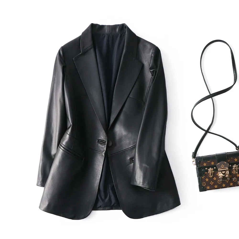 

Notched collar OL natural sheepskin leather jacket women slim real leather coat outerwear 2019 autumn winter