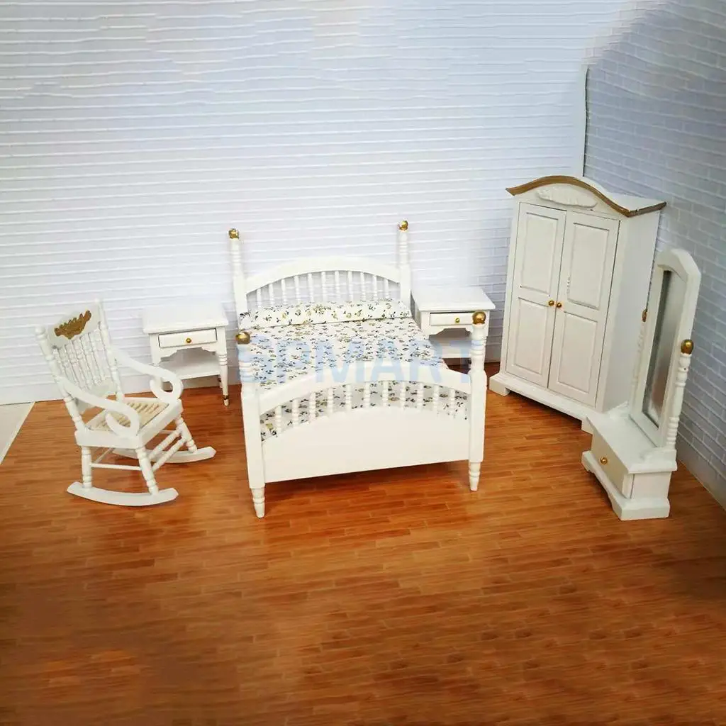 Contemporary style 1/12 Dollhouse Miniature Furniture Bedroom Floral Bed Wardrobe Chair Bedside Table Set Kids Pretend Play Toy