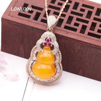 

women jewelry gourd pendant with chain 925 Sterling Silver Necklace high-end Yellow chalcedony natural semi-precious stones