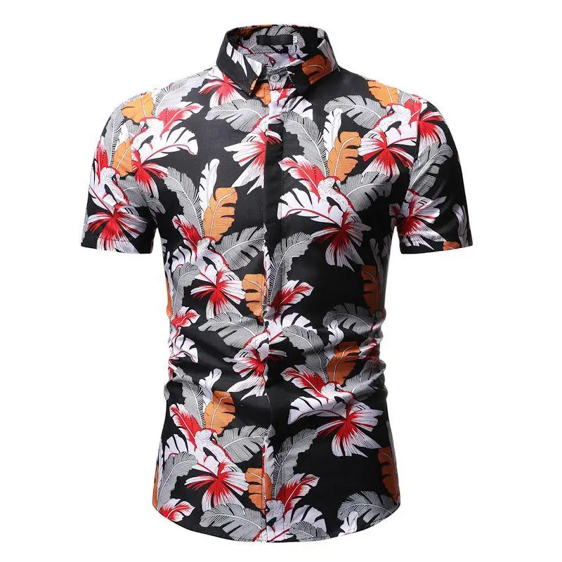 

Short sleeve Blouse Men Social Shirt Men's Clothing Casual Slim fit Black Camisa masculina Hawaiian Shirt for Men Plant Flowers