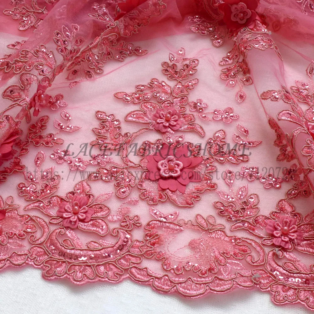 

New Watermelon Red/Rose pink/Fucsia/Beige/Yellow handmade 3D flowers/beaded wedding/evening dress lace fabric 49'' width 1 yard