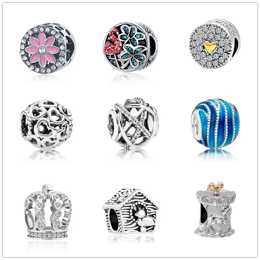 

european 1pc flower house hollow heart crown silver bead charms Fit Pandora Charms Bracelet for women men diy jewelry EL095
