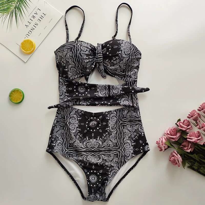 Brand Women Sexy One Pieces Swimwear Black Retro Geometric Print Tube Top Swimsuit Strapless Hot Girls Beach Wear Bathing Suit