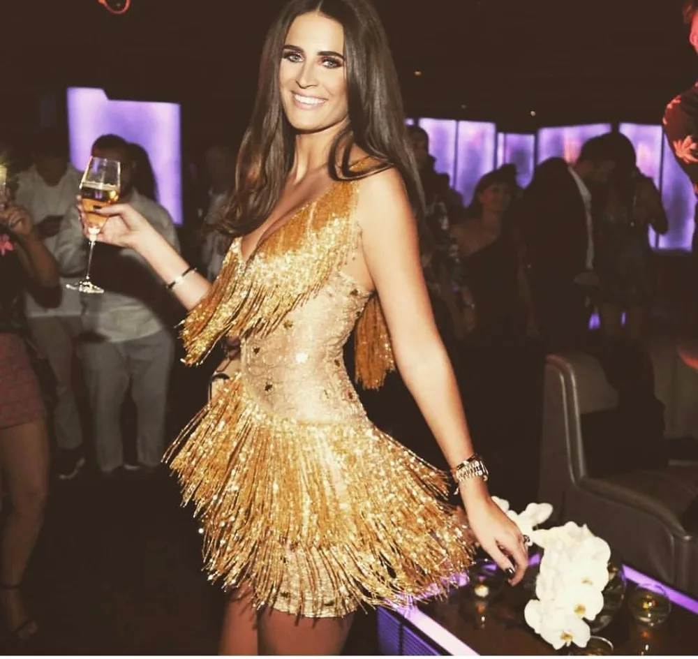 

High Quality Gold Khaki Tassel Slip Mini Rayon Bandage Dress Evening Party Bodycon Dress