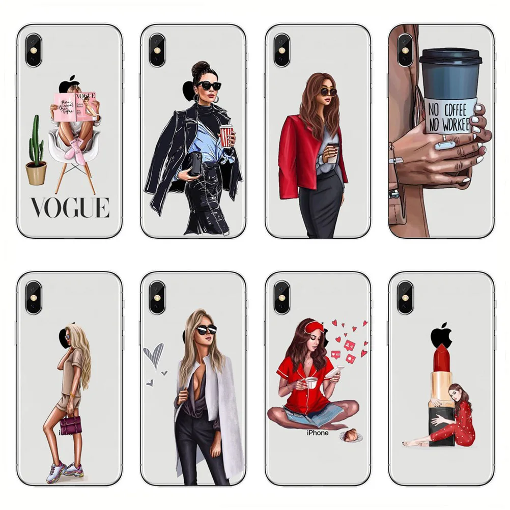 

Fashion Black Brown Hair coffee girl Boss Soft TPU Case For iPhone X 10 XS MAX XR 8 7 6 6s Plus Silicone Transparent Woman Cover