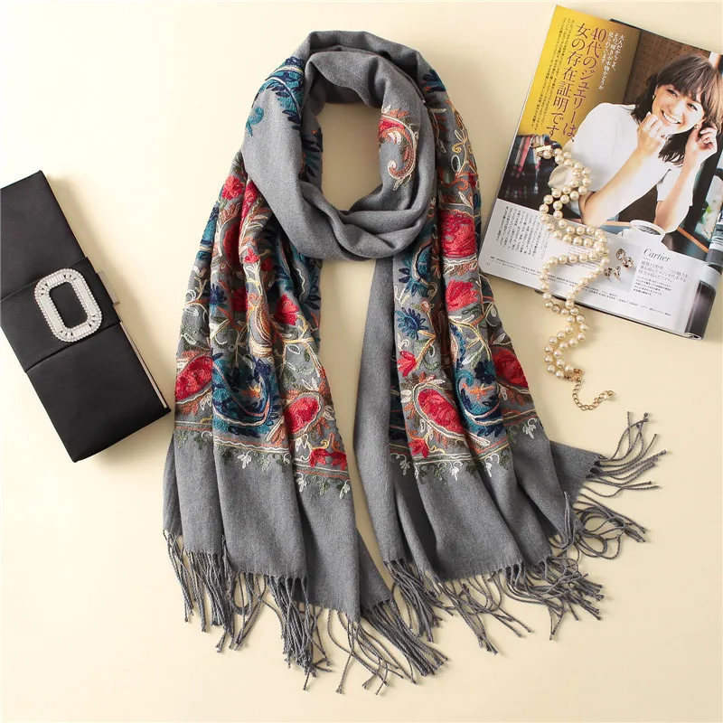 New Luxury Brand Women Scarf High Quality Embroidery Winter Cashmere Scarves Lady Shawls and Wraps Female Pashmina Echarpe - Цвет: yaoguo gray