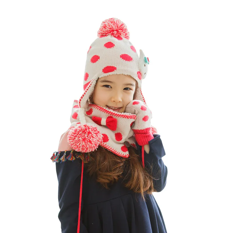 Девушка зима теплая Шапки шарф перчатки 3 шт. трикотаж помпон мех Шапки защита ушей бархат помпоном Шапки помпой кепки B-8762