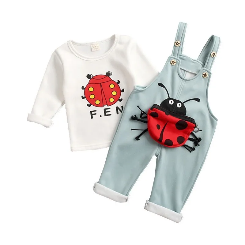 

2019 Spring Autumn Baby Girls Cotton Sets Infant Clothes Suits Toddler Children T Shirt Cartoon Ladybug Bib Pants 2PCS Costume