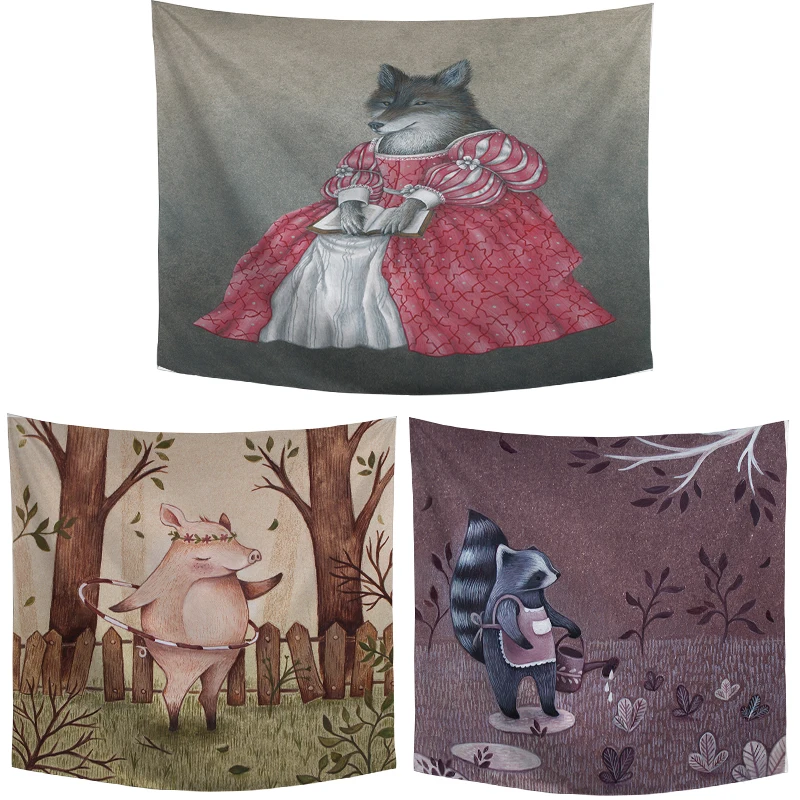 Cute Animal Fashion Show Pattern Wall Hanging Tapestry Rabbit Cat Fox Mouse Printed Children's Room Bedside Decorative Blanket. | Дом и
