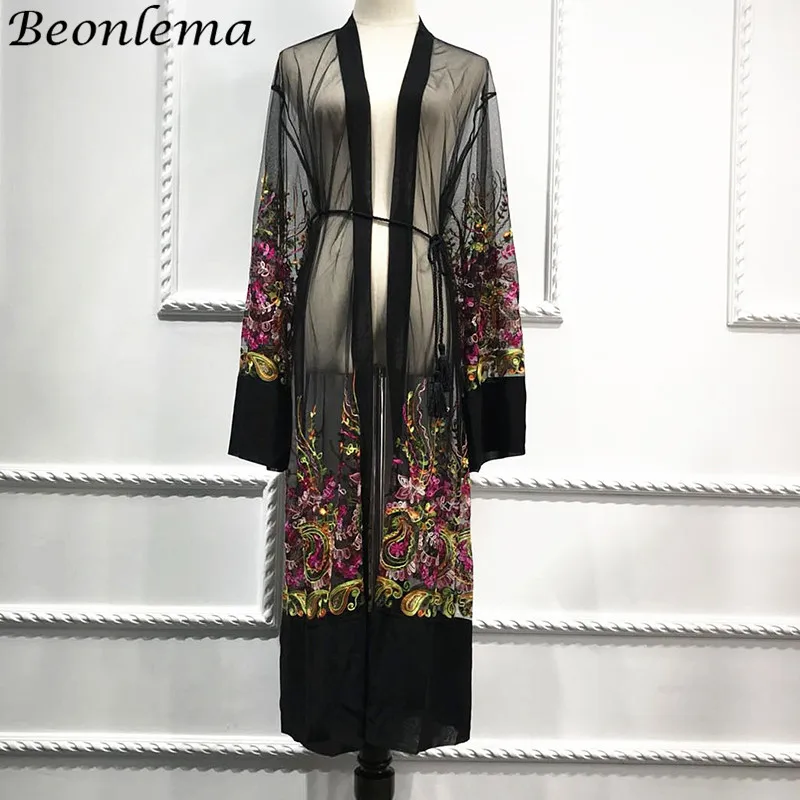 Beonlema черный Открытый abaya длинный халат для женщин Лето vestidos вышивка - Фото №1