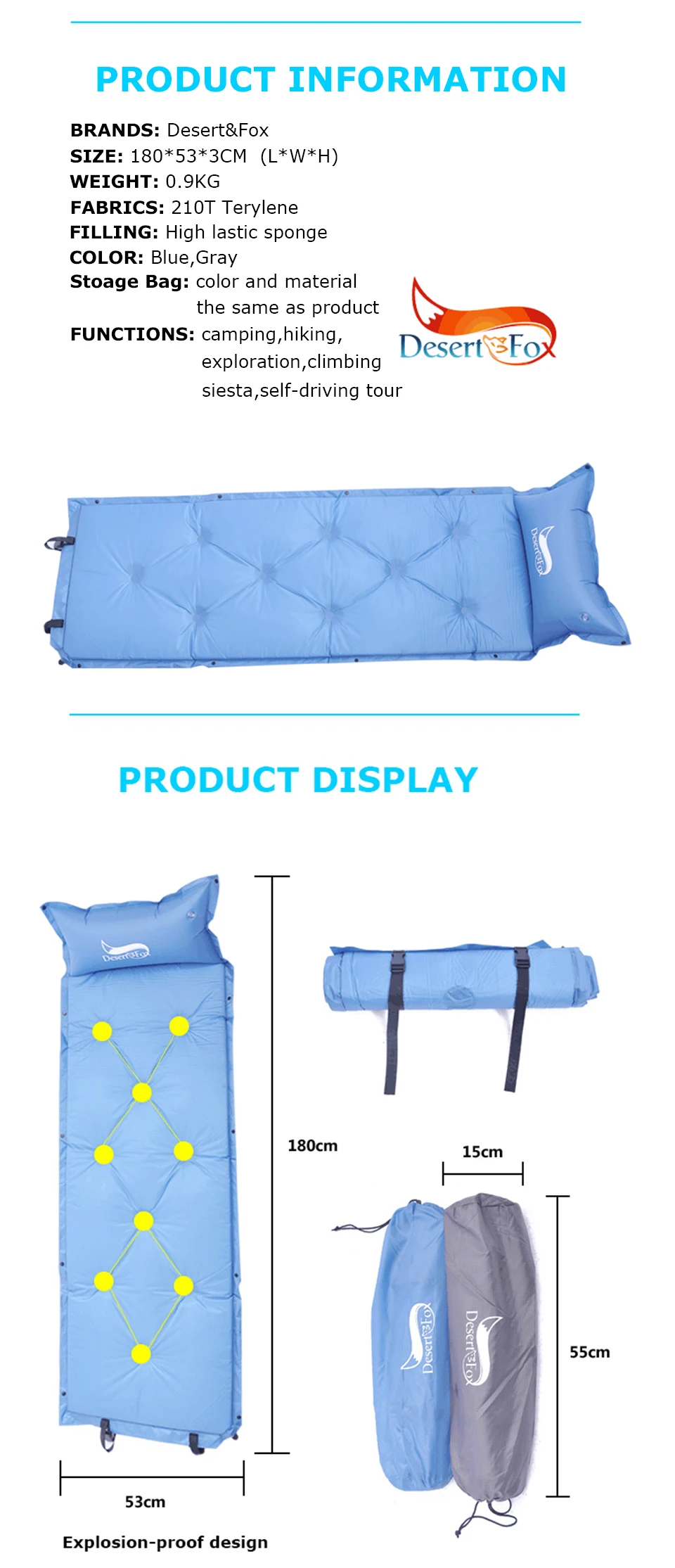 Desot& Fox 180x53 см самонадувающиеся спальные подушки с подушкой, удобный тент надувной матрас для кемпинга, пеших прогулок