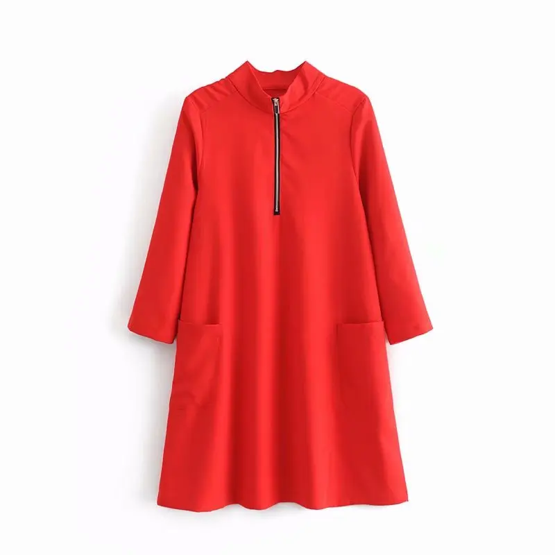Новинка, женское модное повседневное прямое красное платье со стоячим воротником и застежкой-молнией, женские мини платья с накладной карман DS1833