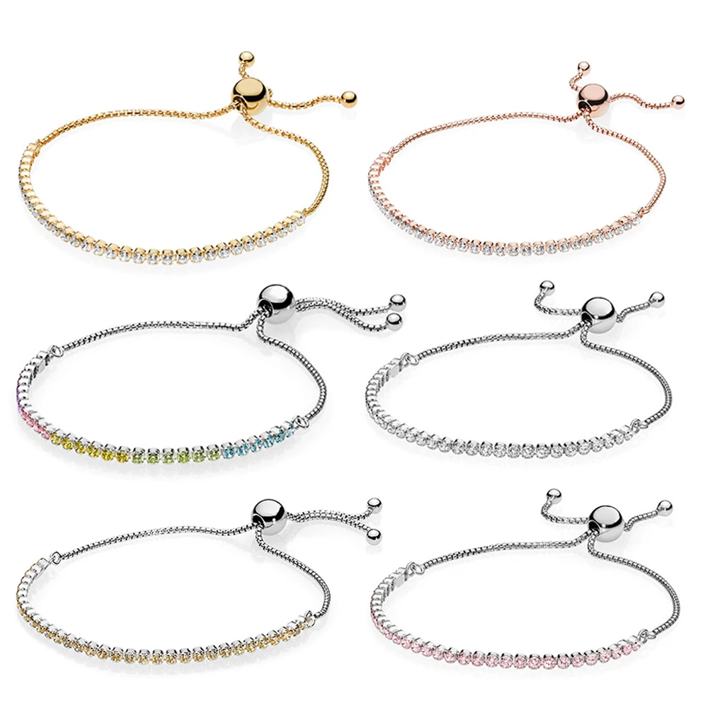 

100% 925 Sterling Silver Bracelet Sparkling Strand Multi-Colored CZ925 Intricately delicate Zircon Woman Push and pull Bracelet