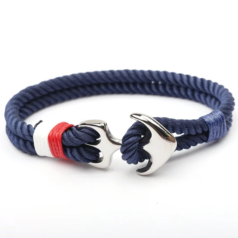 Stainless Steel Fashion Sliver Anchor Bracelets Men Charm Nylon Rope Chain Bracelet Jewelry Male Wrap Metal Sport Hooks SL002 | Украшения и