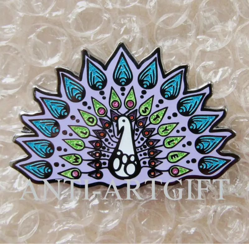 

Customized Hard Enamel Pin badges with Glitter Glow in Dark Peacock Design