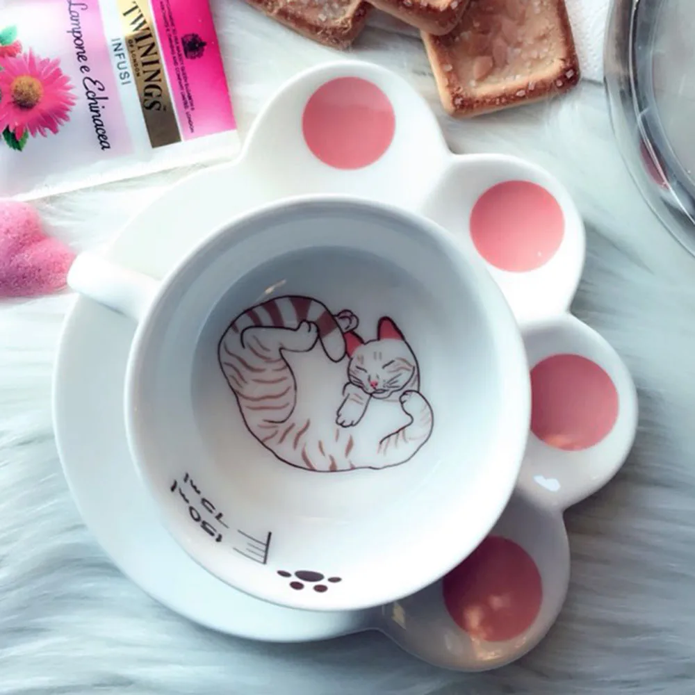 

150ml Cute cat cartoon Mug Set creative catlike milk breakfast cup ceramic cups and plates coffee cup Heat-resistant cup gift