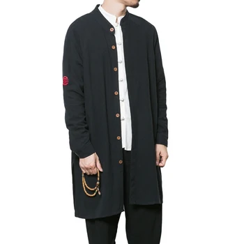 

Gray Black Chinese Style Men's Cotton Linen Kung Fu Long Jacket Autumn Embroidery Coat Mandarin Collar Outwear Plus Size 8