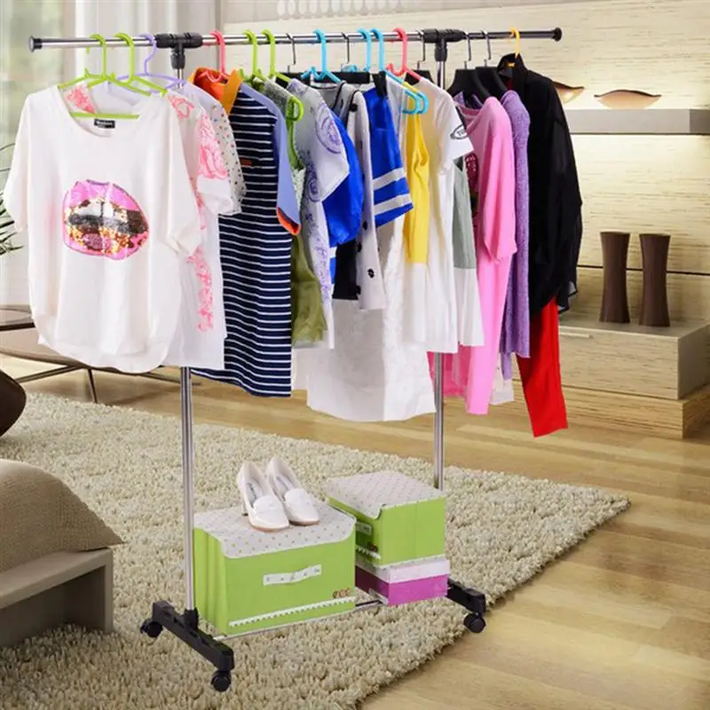 

OUNONA Adjustable Castor Wheels Stainless Steel Clothes Hanger Rolling Garment Rack Rail Organizer