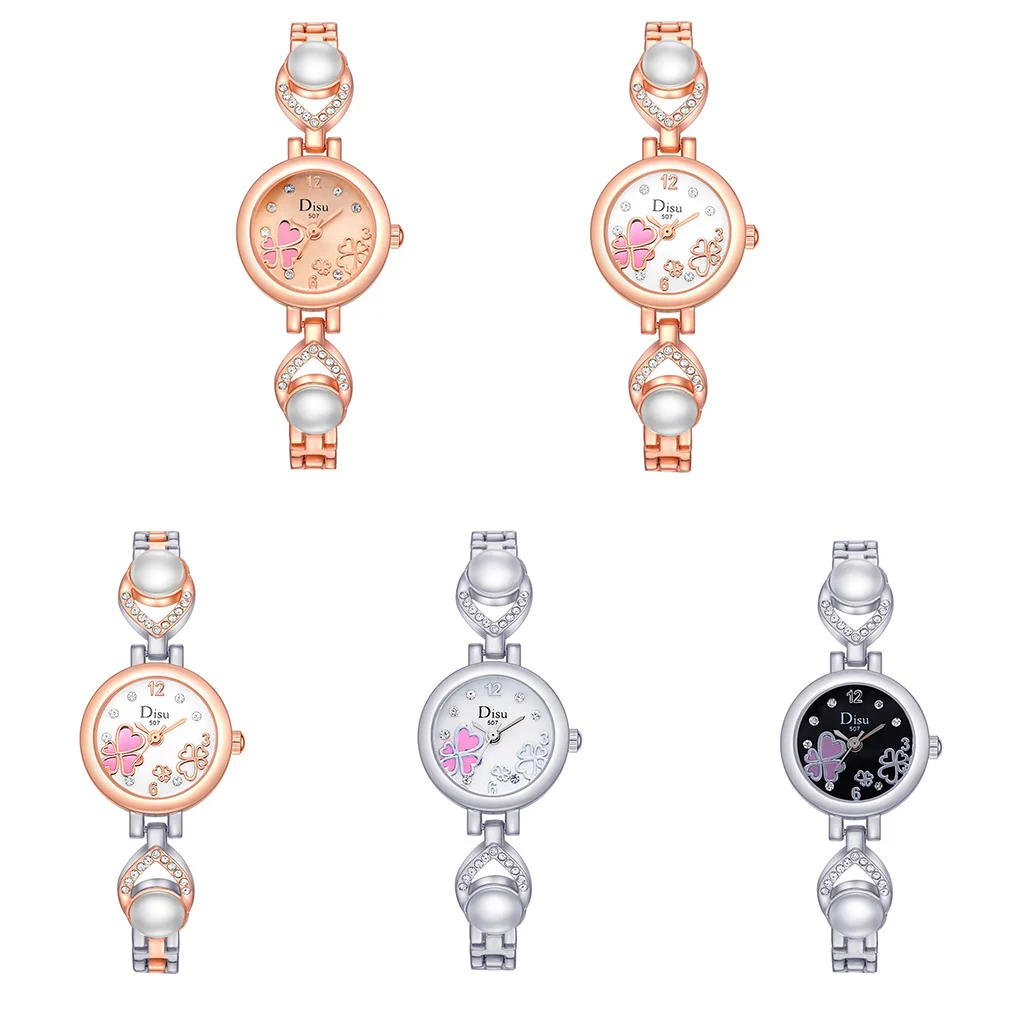 

Fashion Ladies Cartoon Flowers Round Dial Quartz Watch Women Pearl Rhinestones Bangle Wristwatch Gift