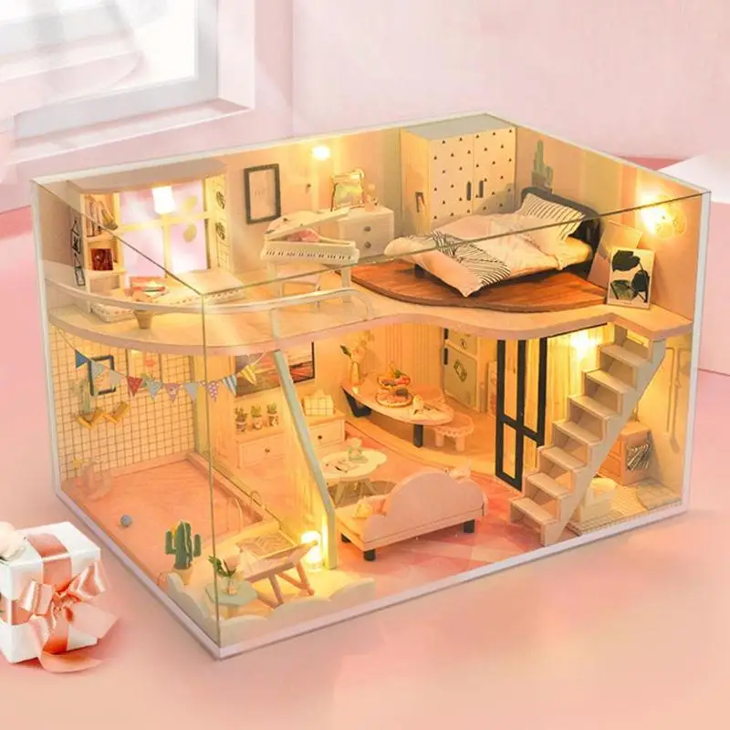 

DIY Wooden Pink Doll House Miniature Dollhouse Model Toy with Furnitures with Dust Cover Decorations Model Educational Toy