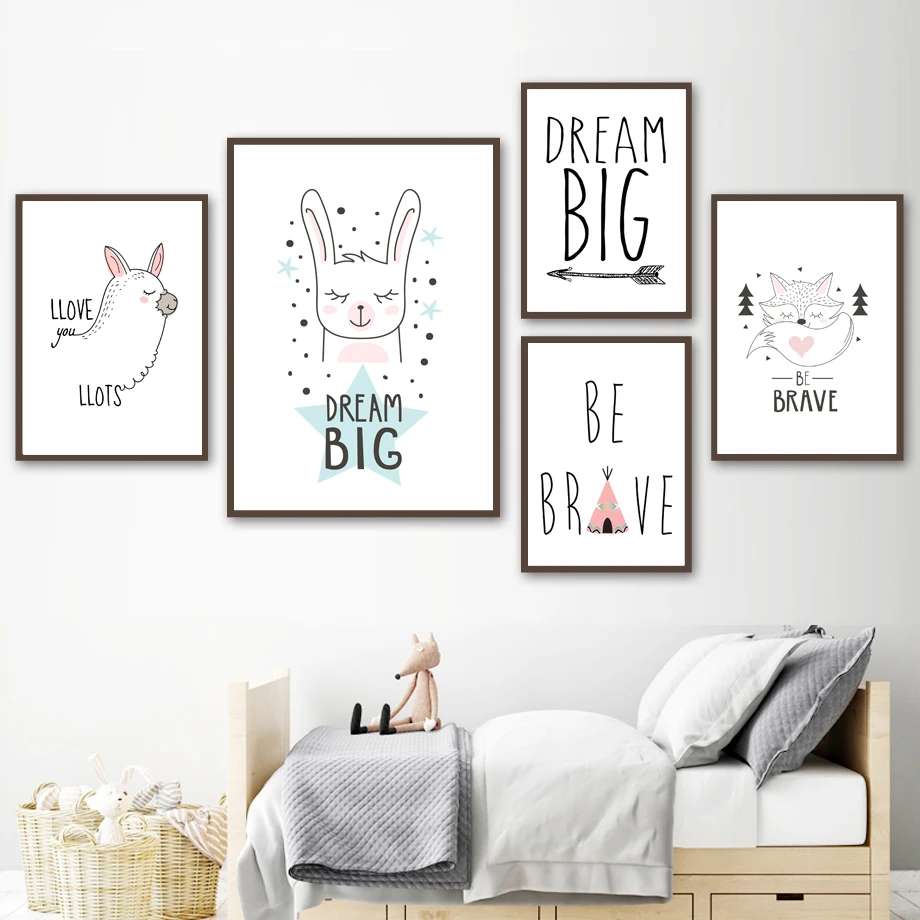 

Cartoon Rabbit Fox Alpaca Dream Quotes Be Brave Nordic Posters And Prints Wall Art Canvas Painting Wall Pictures Kids Room Decor