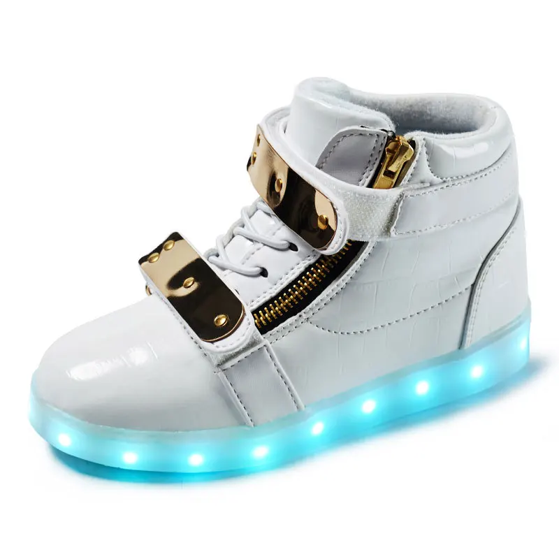 Светящаяся обувь с двойными липучками для мальчиков и девочек; Модные Повседневные детские дышащие детские кроссовки - Цвет: White