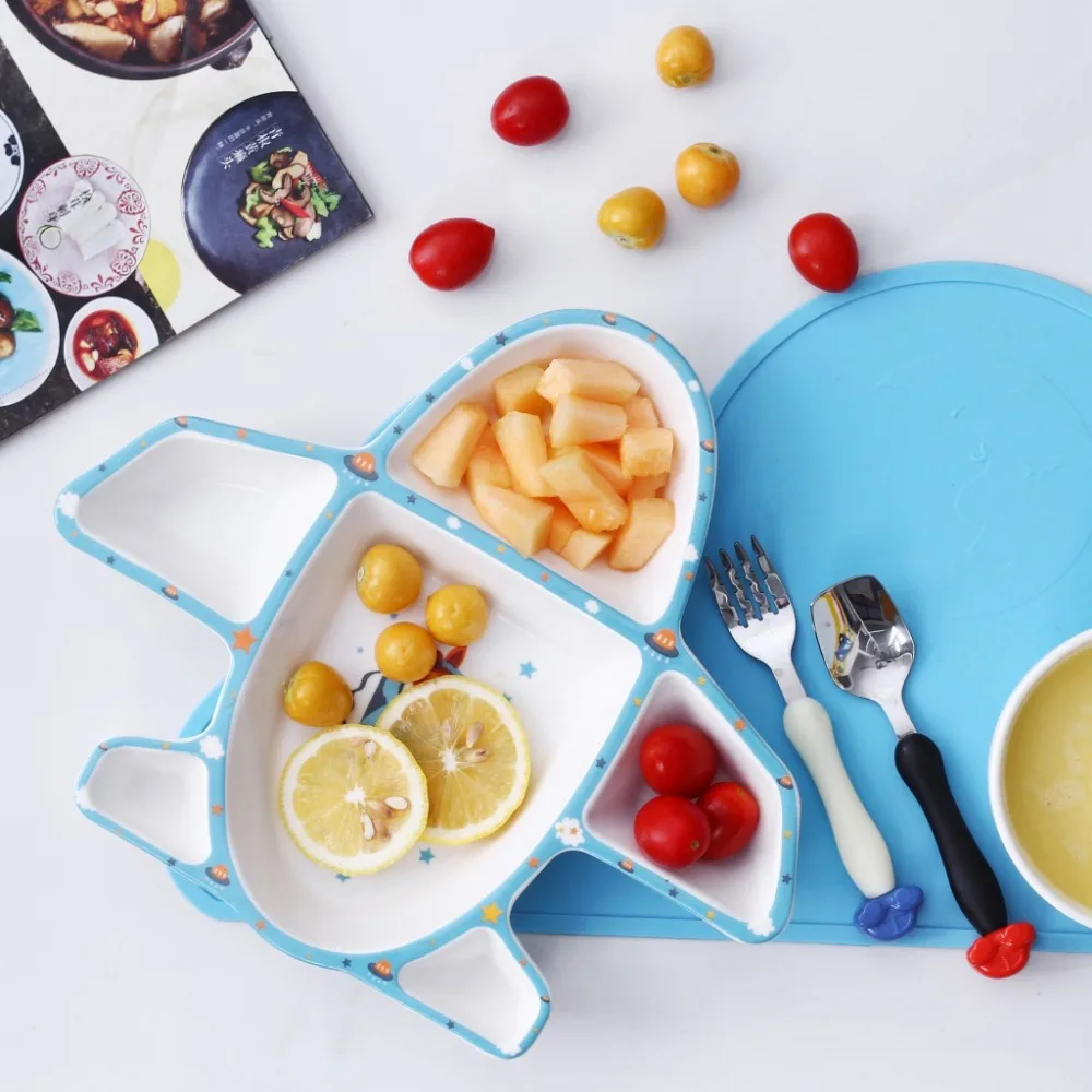 3 шт./компл. самолета керамика детская обучающая посуда для кормления детей ужинная тарелка кружка для молока+ поддон+ вилка+ ложка детская посуда