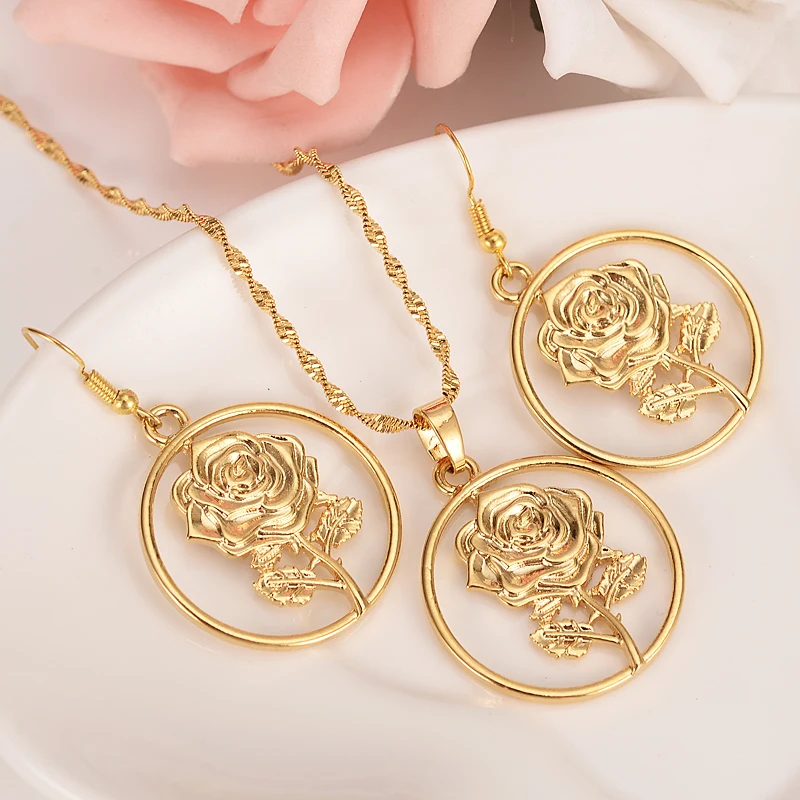 

New Christmas big gold vintage flower rose Women Bridal Jewelry Set round pendant Earrings African girls Wedding Jewelry gift