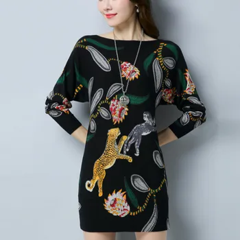 

Elegant Sweater Women Medium Length Sweaters Casual Knit Pullovers Long Sleeve Printed Fashion Loose Sweaters Tops Feminino New