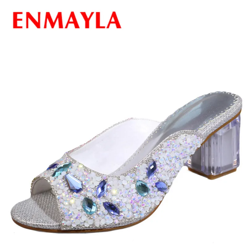 

ENMAYLA Summer Silver Women Rhinestone Open Toe Sandals Women High Heels Crystal Mules Shoes Woman Low Heels Women Slides