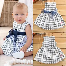 Cotton Baby Toddler Cute Girl Kids Plaids Bownot Sleeveless Dress Outfit Pricess Clothes Dress with O-Neck
